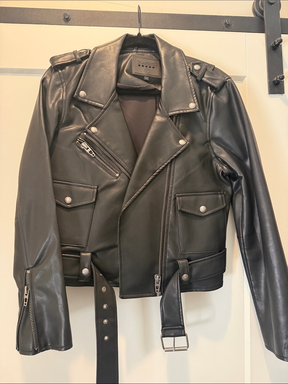 Blank NYC Black Faux Leather Moto Jacket with Belt